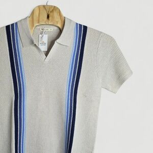 Marine Layer Conrad Sweater Polo Shirt Men's XL Oatmeal Blue Stripe Knit V-Neck